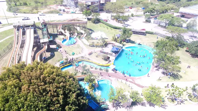 Aerial view of pools and slides at Mafunyane Water Park
